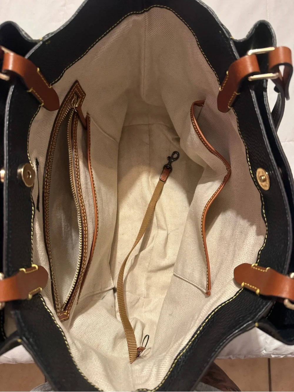 Dooney & Bourke Black Leather Tote with Brown Straps